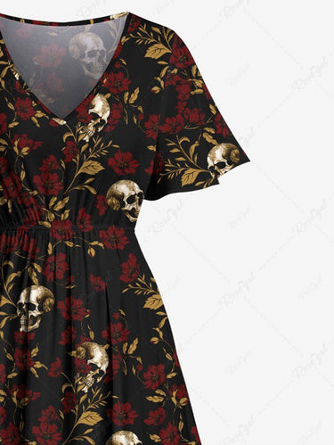 Gothic Plus Size Skull Floral Branch Print Split Pocket A Line Midi Dress