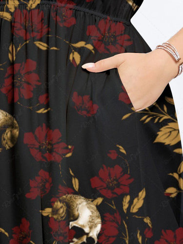 Gothic Plus Size Skull Floral Branch Print Split Pocket A Line Midi Dress