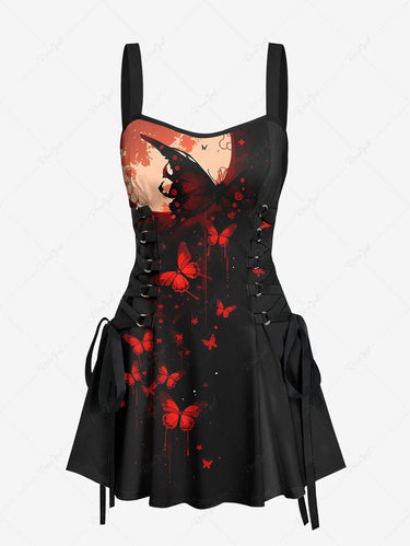 Gothic Butterfly Moon Print Lace Up A Line Tank Dress