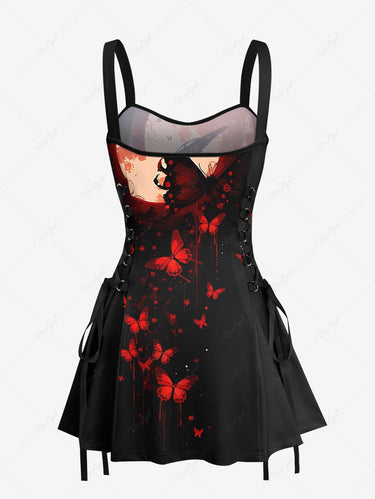Gothic Butterfly Moon Print Lace Up A Line Tank Dress