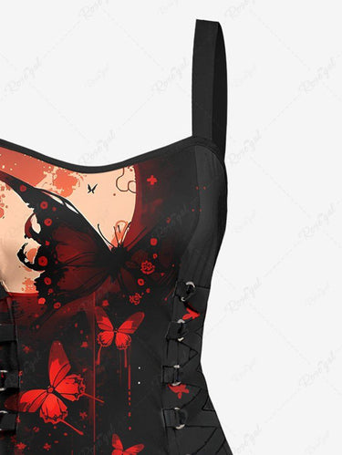 Gothic Butterfly Moon Print Lace Up A Line Tank Dress
