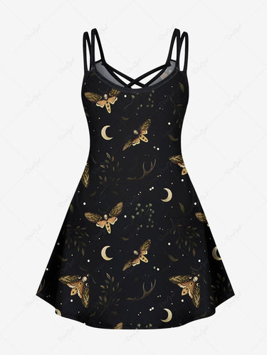 Gothic Plus Size Skull Butterfly Moon Star Galaxy Print Crisscross A Line Cami Dress