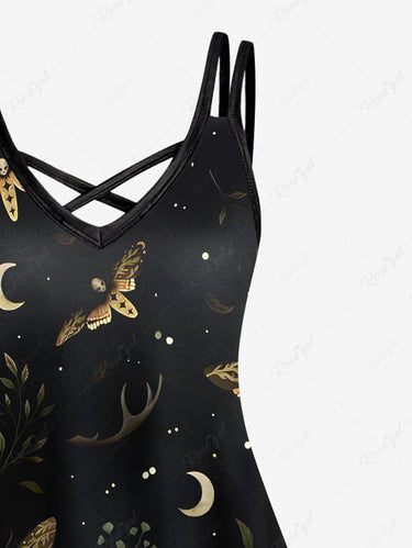 Gothic Plus Size Skull Butterfly Moon Star Galaxy Print Crisscross A Line Cami Dress