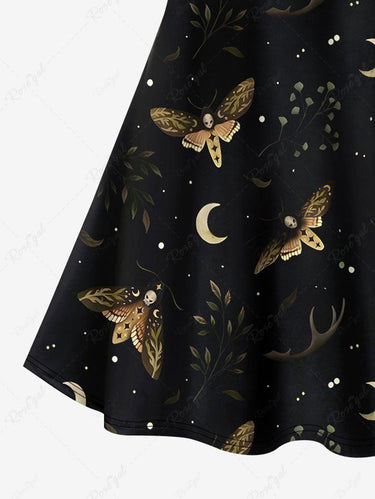 Gothic Plus Size Skull Butterfly Moon Star Galaxy Print Crisscross A Line Cami Dress