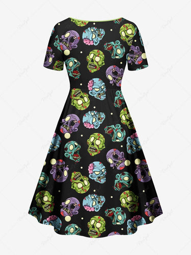 Gothic Plus Size Skull Monster Spotted Print Cinched A Line Dress