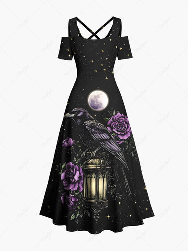 Gothic Plus Size Floral Eagle Lamp Moon Star Galaxy Print Cold Shoulder Crisscross A Line Maxi Dress