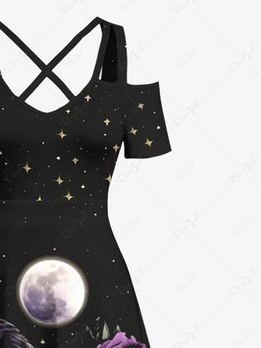 Gothic Plus Size Floral Eagle Lamp Moon Star Galaxy Print Cold Shoulder Crisscross A Line Maxi Dress