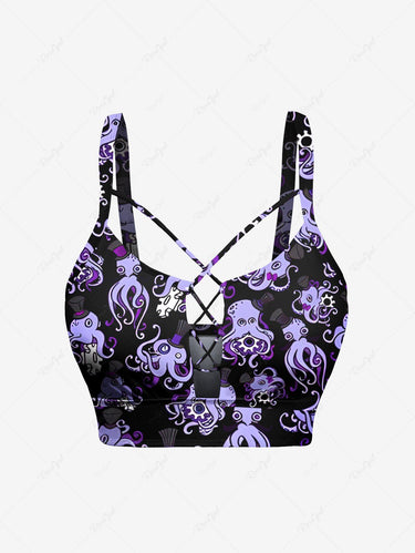 Gothic Octopus Print Lace Up Braided Hollow Out Tankini Swimsuit