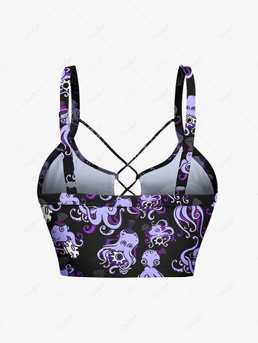 Gothic Octopus Print Lace Up Braided Hollow Out Tankini Swimsuit