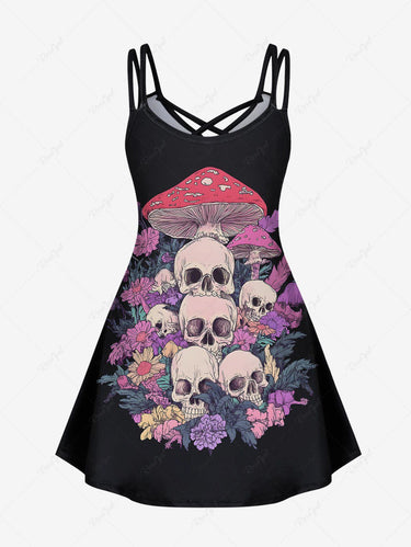 Gothic Plus Size Skulls Colorful Flowers Mushroom Print Crisscross A Line Cami Dress
