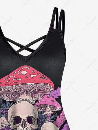 Gothic Plus Size Skulls Colorful Flowers Mushroom Print Crisscross A Line Cami Dress
