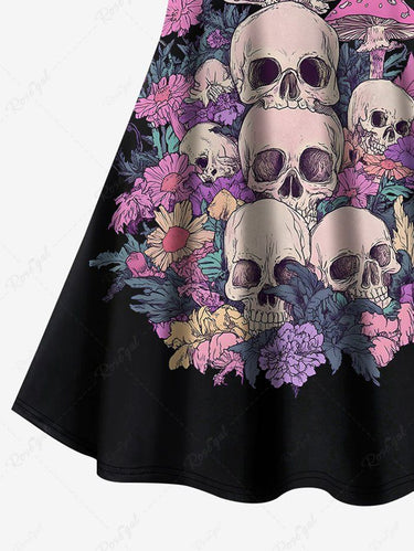 Gothic Plus Size Skulls Colorful Flowers Mushroom Print Crisscross A Line Cami Dress