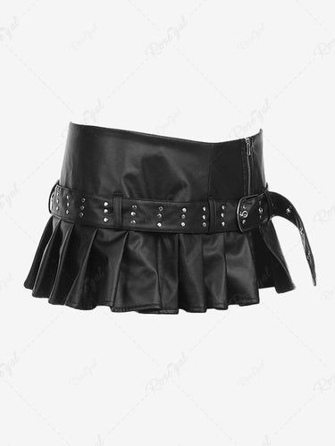 Gothic Punk PU Panel Zipper Split Pleated A Line Mini Sexy Skirt with Removable Rivet Buckle Belt