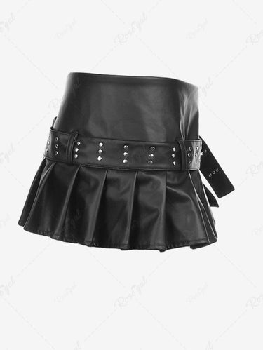 Gothic Punk PU Panel Zipper Split Pleated A Line Mini Sexy Skirt with Removable Rivet Buckle Belt