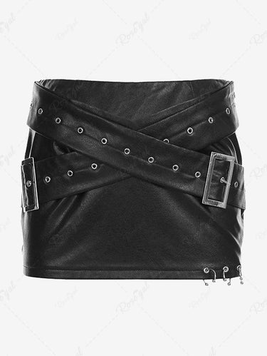 Gothic Punk V Cut PU Stap Crisscross Grommet Buckle O-Ring Sexy Mini Skirt