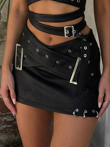 Gothic Punk V Cut PU Stap Crisscross Grommet Buckle O-Ring Sexy Mini Skirt