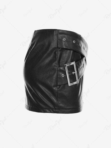 Gothic Punk V Cut PU Stap Crisscross Grommet Buckle O-Ring Sexy Mini Skirt