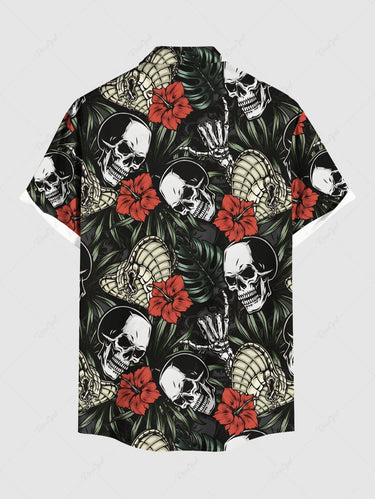 Gothic Plus Size Skulls Skeleton Snake Tropical Leaves Floral Print Hawaii Button Pocket Shirt For Men