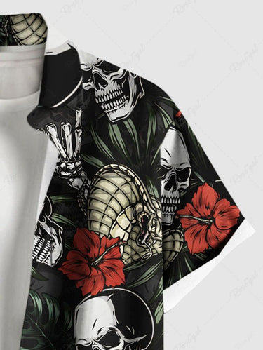 Gothic Plus Size Skulls Skeleton Snake Tropical Leaves Floral Print Hawaii Button Pocket Shirt For Men