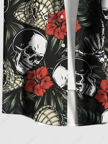 Gothic Plus Size Skulls Skeleton Snake Tropical Leaves Floral Print Hawaii Button Pocket Shirt For Men
