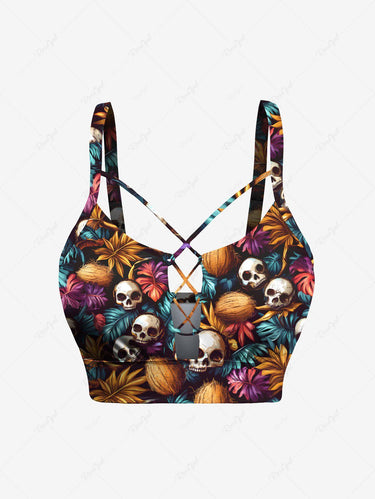 Gothic Colorful Skull Coconut Tropical Leaves Print Hawaii Lace Up Tankini Swimsuit