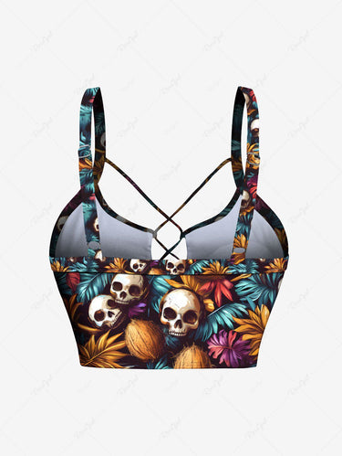 Gothic Colorful Skull Coconut Tropical Leaves Print Hawaii Lace Up Tankini Swimsuit
