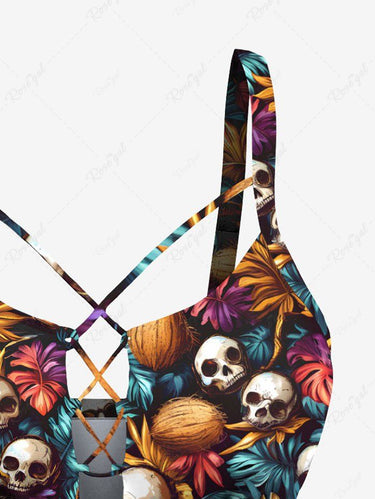 Gothic Colorful Skull Coconut Tropical Leaves Print Hawaii Lace Up Tankini Swimsuit