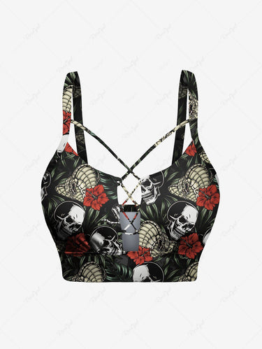 Gothic Skulls Skeleton Snake Tropical Leaves Floral Print Hawaii Lace Up Tankini Swimsuit