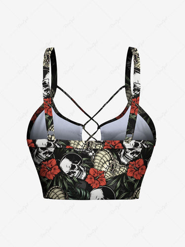 Gothic Skulls Skeleton Snake Tropical Leaves Floral Print Hawaii Lace Up Tankini Swimsuit