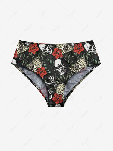 Gothic Skulls Skeleton Snake Tropical Leaves Floral Print Hawaii Lace Up Tankini Swimsuit