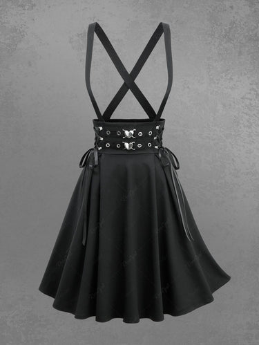 Gothic Heart Buckle Decor Lace Up Grommet Crisscross A Line Suspender Skirt