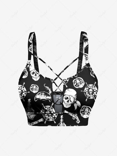 Gothic Skull Pirate Steering Wheel Fish Print Hawaii Cruise Lace Up Tankini Swimsuit