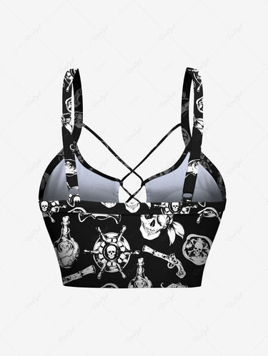 Gothic Skull Pirate Steering Wheel Fish Print Hawaii Cruise Lace Up Tankini Swimsuit