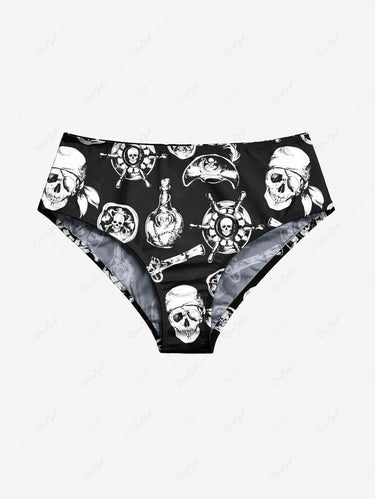 Gothic Skull Pirate Steering Wheel Fish Print Hawaii Cruise Lace Up Tankini Swimsuit