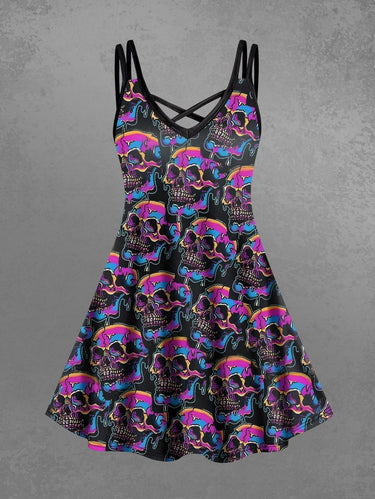 Gothic Plus Size Colorful Cracked Skulls Print Crisscross A Line Cami Dress