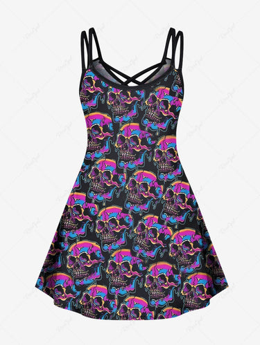 Gothic Plus Size Colorful Cracked Skulls Print Crisscross A Line Cami Dress