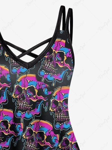 Gothic Plus Size Colorful Cracked Skulls Print Crisscross A Line Cami Dress
