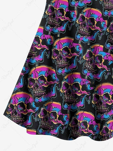 Gothic Plus Size Colorful Cracked Skulls Print Crisscross A Line Cami Dress