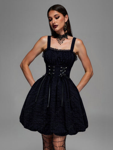 Gothic Striped Knit Lace Up Ruched Bust Lace Trim Bubble A Line Tank Dress