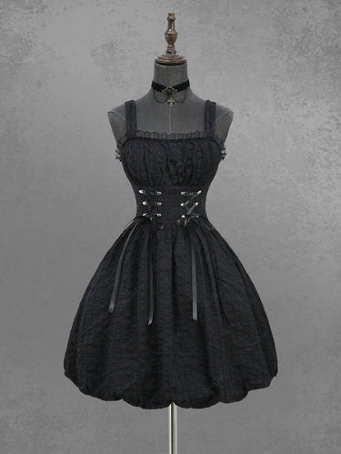 Gothic Striped Knit Lace Up Ruched Bust Lace Trim Bubble A Line Tank Dress