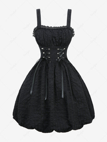 Gothic Striped Knit Lace Up Ruched Bust Lace Trim Bubble A Line Tank Dress