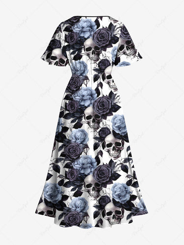 Gothic Plus Size Rose Flower Leaf Skull Print Split Pocket A Line Midi Dress