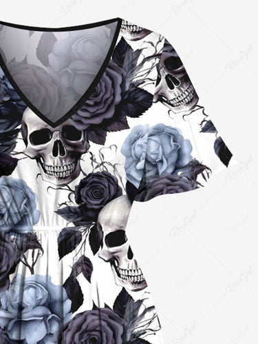 Gothic Plus Size Rose Flower Leaf Skull Print Split Pocket A Line Midi Dress