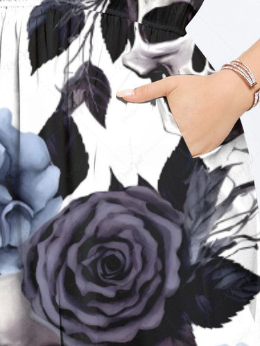 Gothic Plus Size Rose Flower Leaf Skull Print Split Pocket A Line Midi Dress