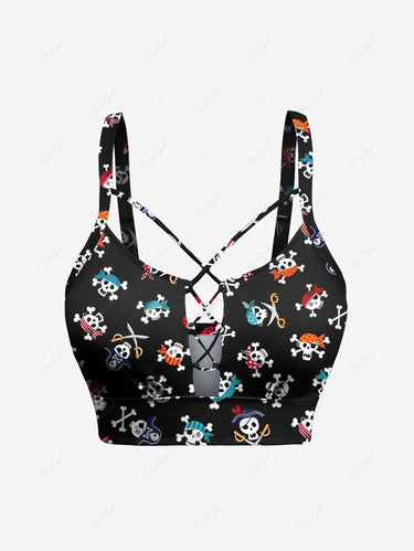 Gothic Plus Size Colorful Skull Pirate Bone Print Lace Up Tankini Swimsuit