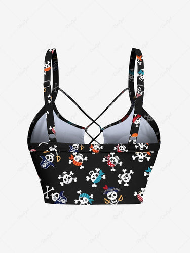 Gothic Plus Size Colorful Skull Pirate Bone Print Lace Up Tankini Swimsuit