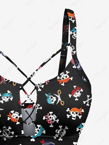 Gothic Plus Size Colorful Skull Pirate Bone Print Lace Up Tankini Swimsuit