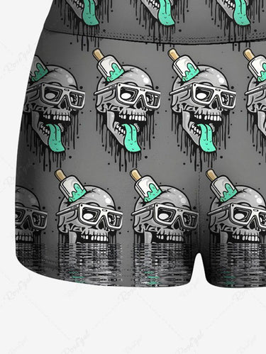 Gothic Plus Size Skull Ice Cream Print Boyleg Bikini Bottom