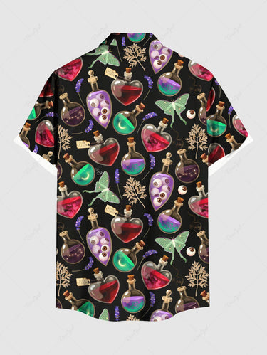 Gothic Plus Size Colorful Alcohol Bottle Eye Butterfly Leaves Print Button Pocket Shirt For Men