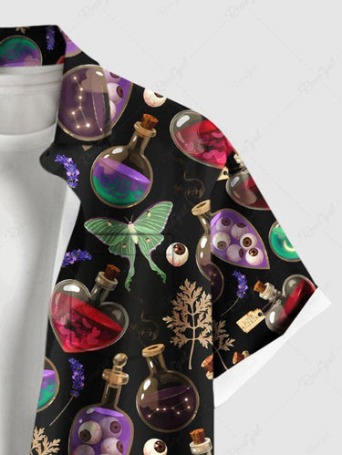 Gothic Plus Size Colorful Alcohol Bottle Eye Butterfly Leaves Print Button Pocket Shirt For Men